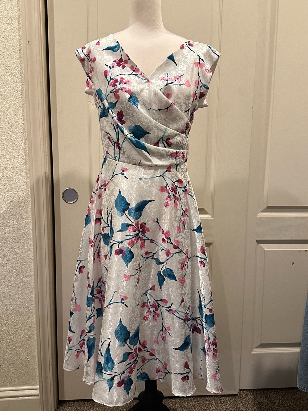 White Floral Midi Dress with Teal Leaves and Pink Blossoms